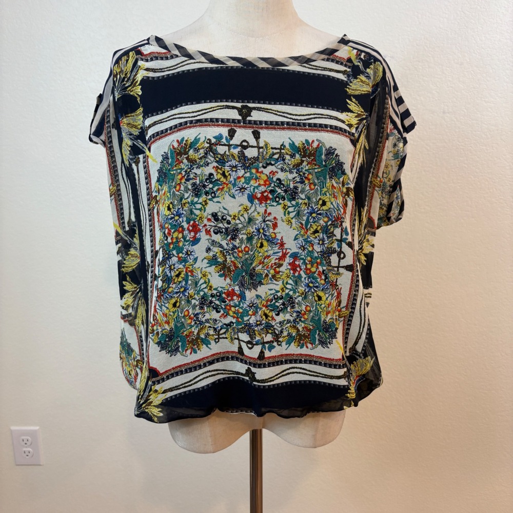 Alberto Makali Blouse Womens Medium Multicolor Scarf Print Top Boho art to wear